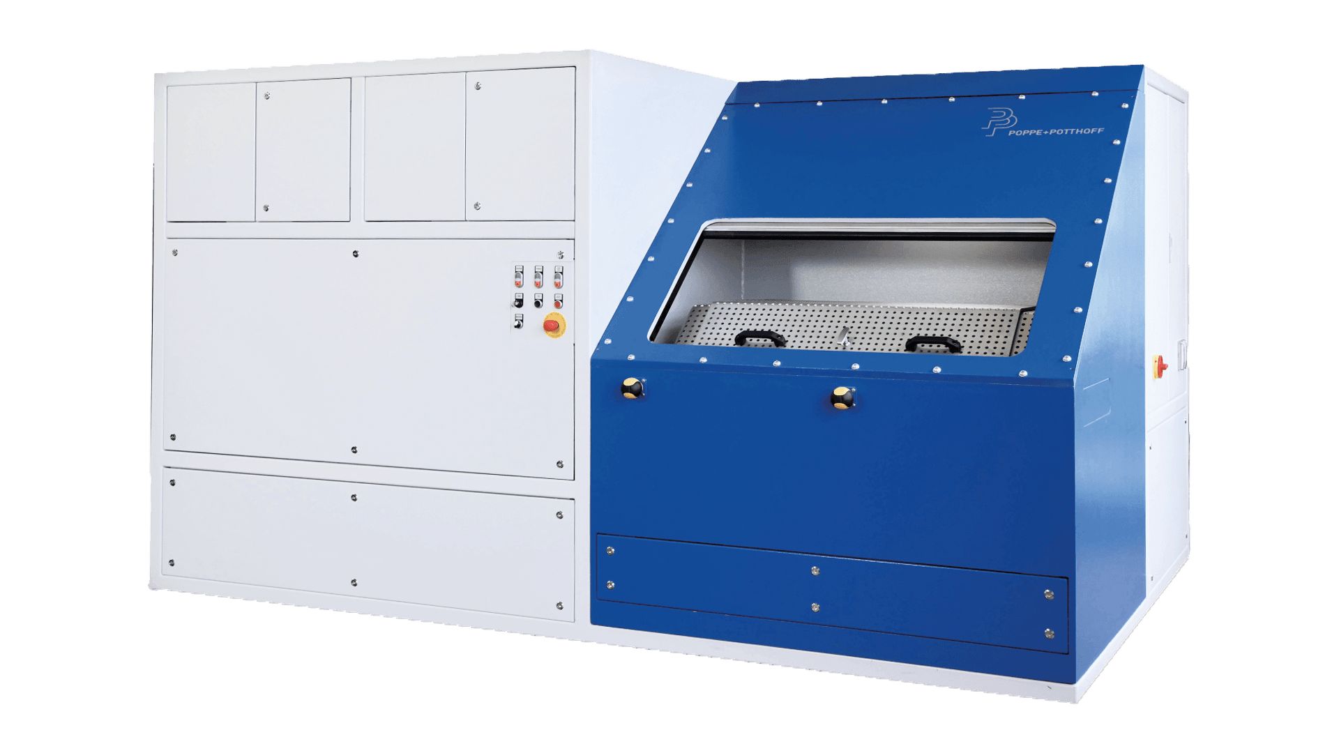 pressure cyle test stand with blue security test chamber by Poppe + Potthoff Maschinenbau